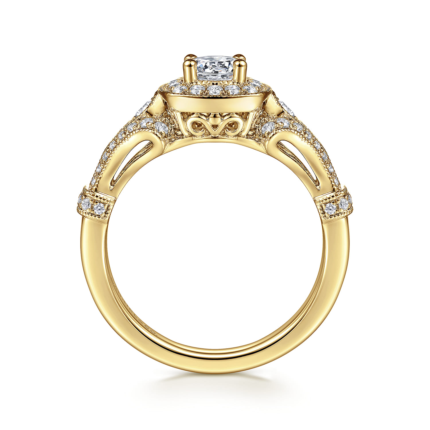 Delilah - Vintage Inspired 14K Yellow Gold Cushion Halo Round Complete Diamond Engagement Ring - 0.7 ct - Shot 2