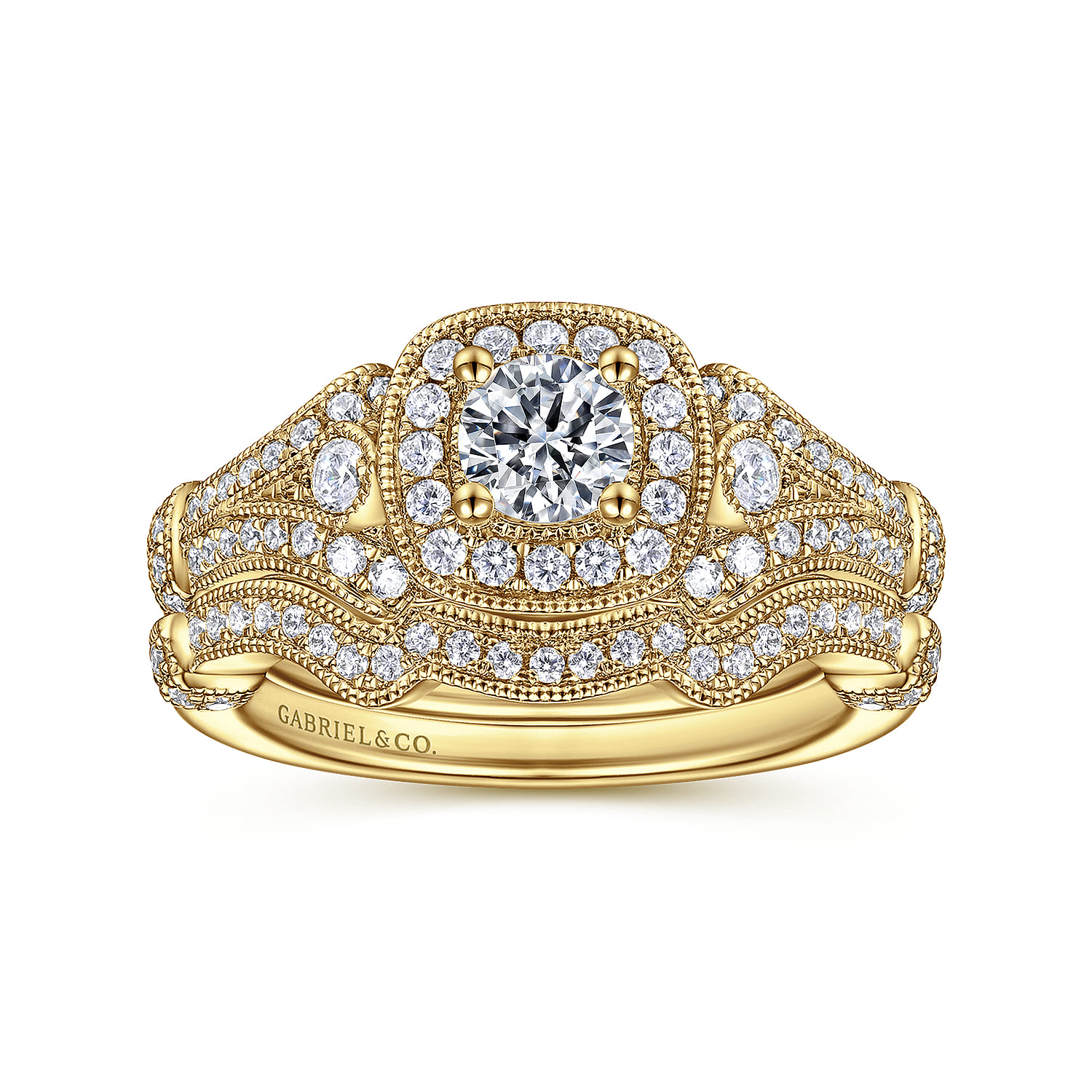 Delilah - Vintage Inspired 14K Yellow Gold Cushion Halo Round Complete Diamond Engagement Ring - 0.7 ct - Shot 4