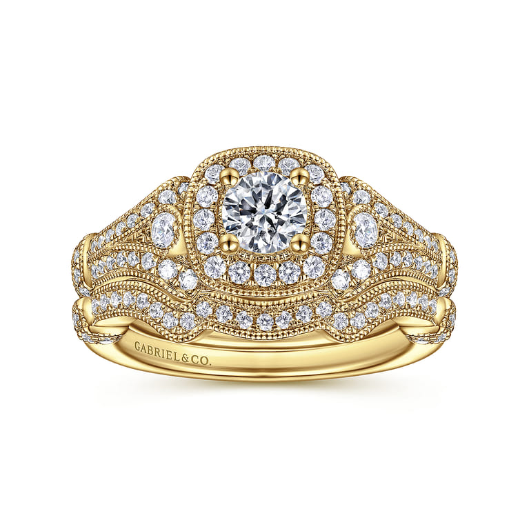 Delilah - Vintage Inspired 14K Yellow Gold Cushion Halo Round Complete Diamond Engagement Ring - 0.7 ct - Shot 4