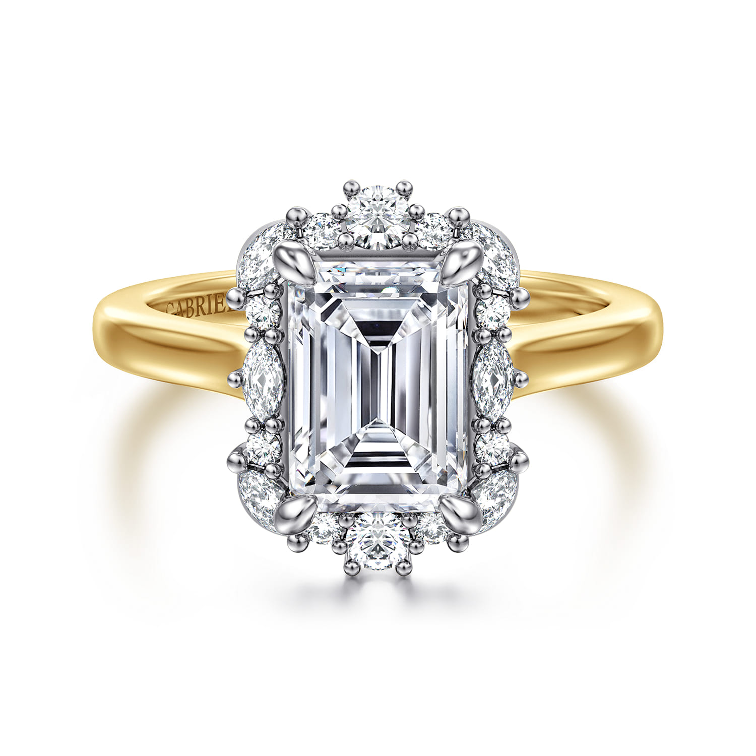 Silk - 14K White-Yellow Gold Emerald Cut Halo Diamond Engagement Ring - 0.35 ct - Shot 1