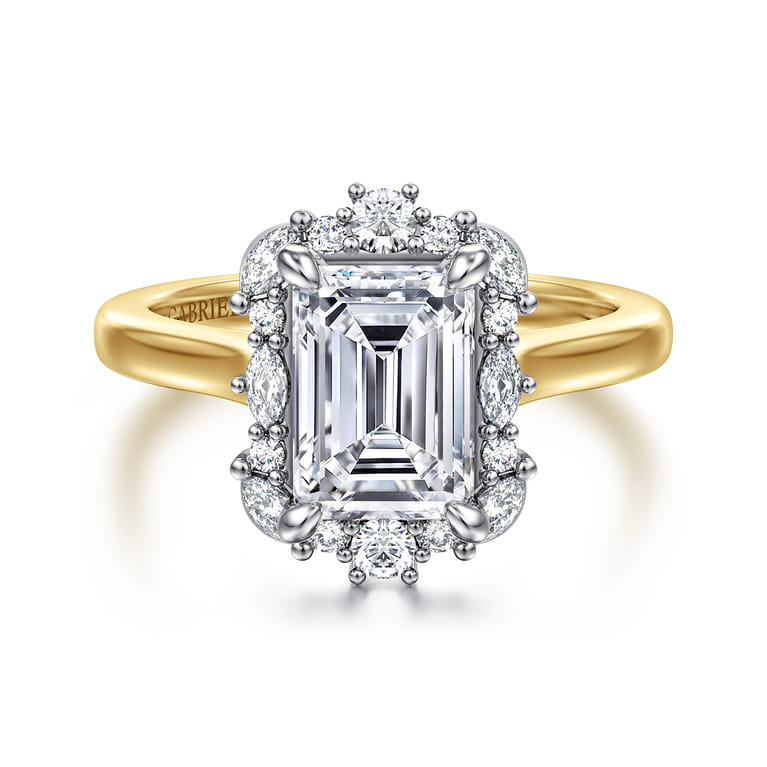 Silk - 14K White-Yellow Gold Emerald Cut Halo Diamond Engagement Ring - 0.35 ct - Shot 1