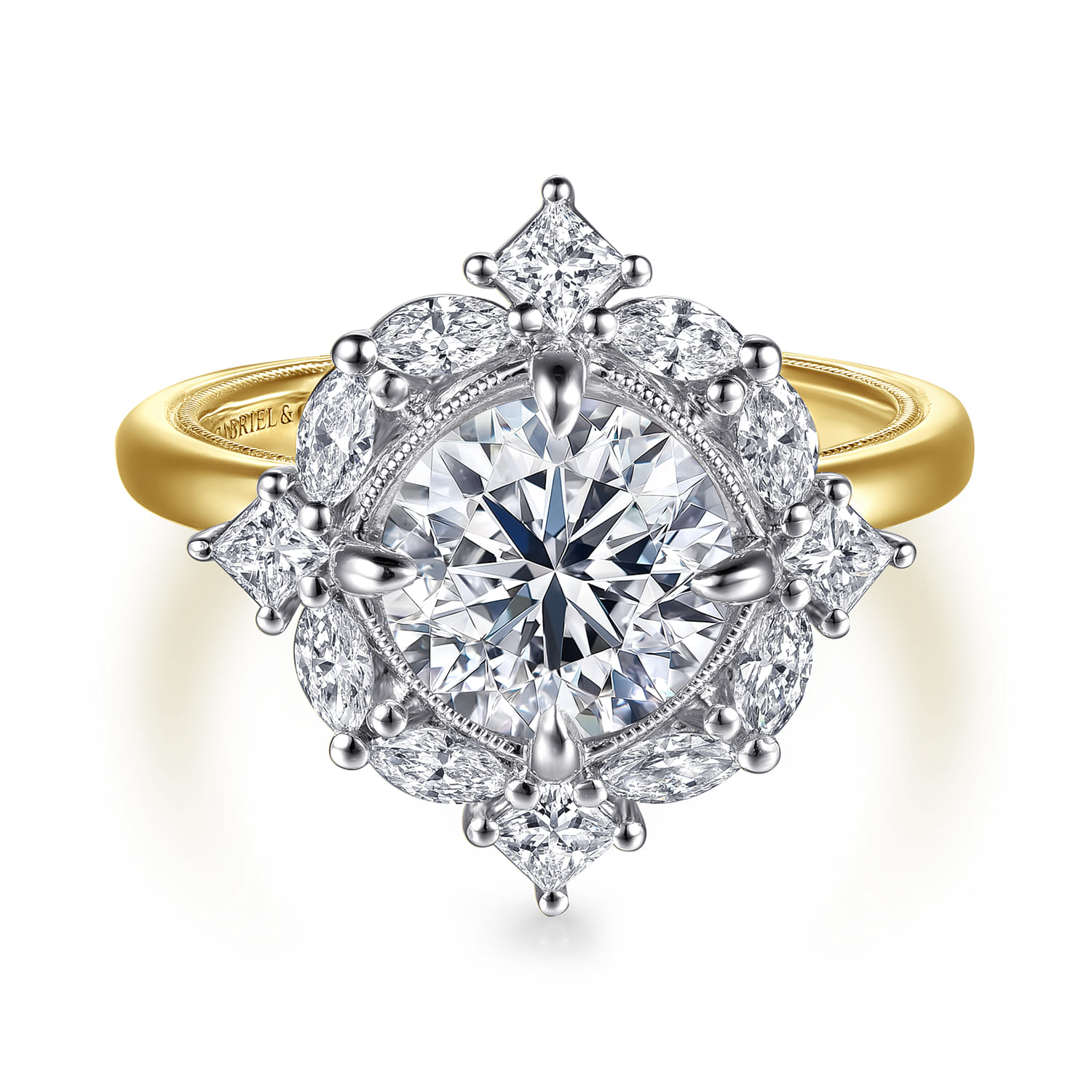Fernanda - 14K White-Yellow Gold Compass Prong Round Halo Diamond Engagement Ring - 0.65 ct - Shot 1