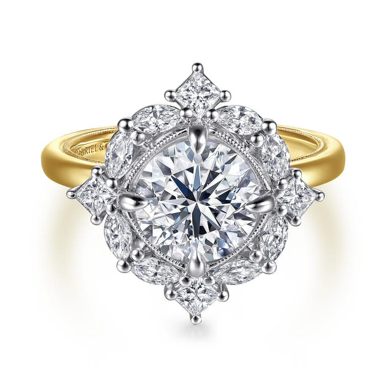 Fernanda - 14K White-Yellow Gold Compass Prong Round Halo Diamond Engagement Ring - 0.65 ct - Shot 1