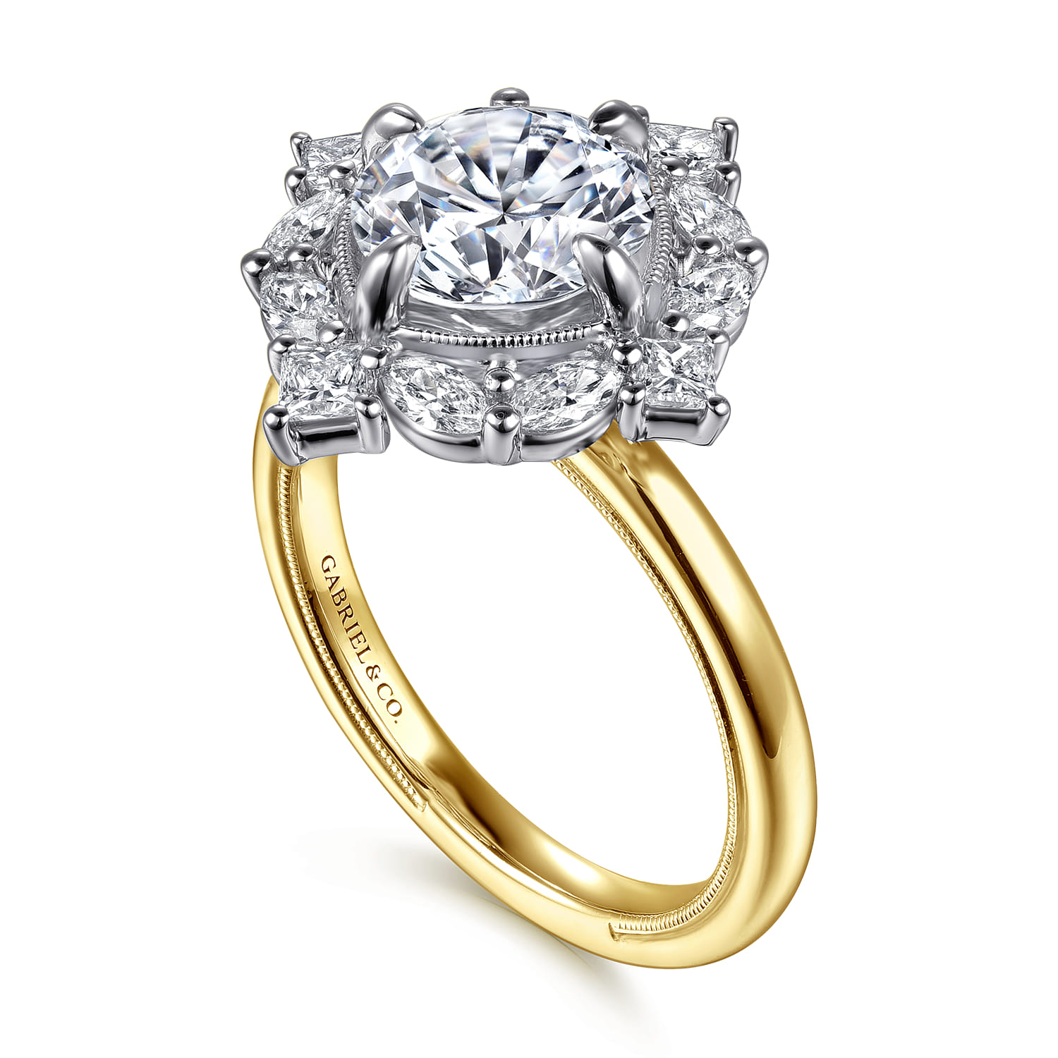 Fernanda - 14K White-Yellow Gold Compass Prong Round Halo Diamond Engagement Ring - 0.65 ct - Shot 3
