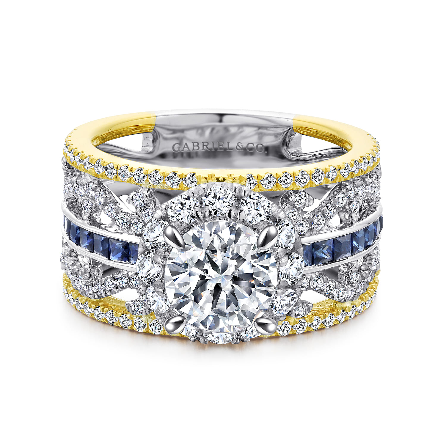 Efron - 14K White-Yellow Gold Round Halo Sapphire and Diamond Channel Set Engagement Ring - 1.1 ct - Shot 1