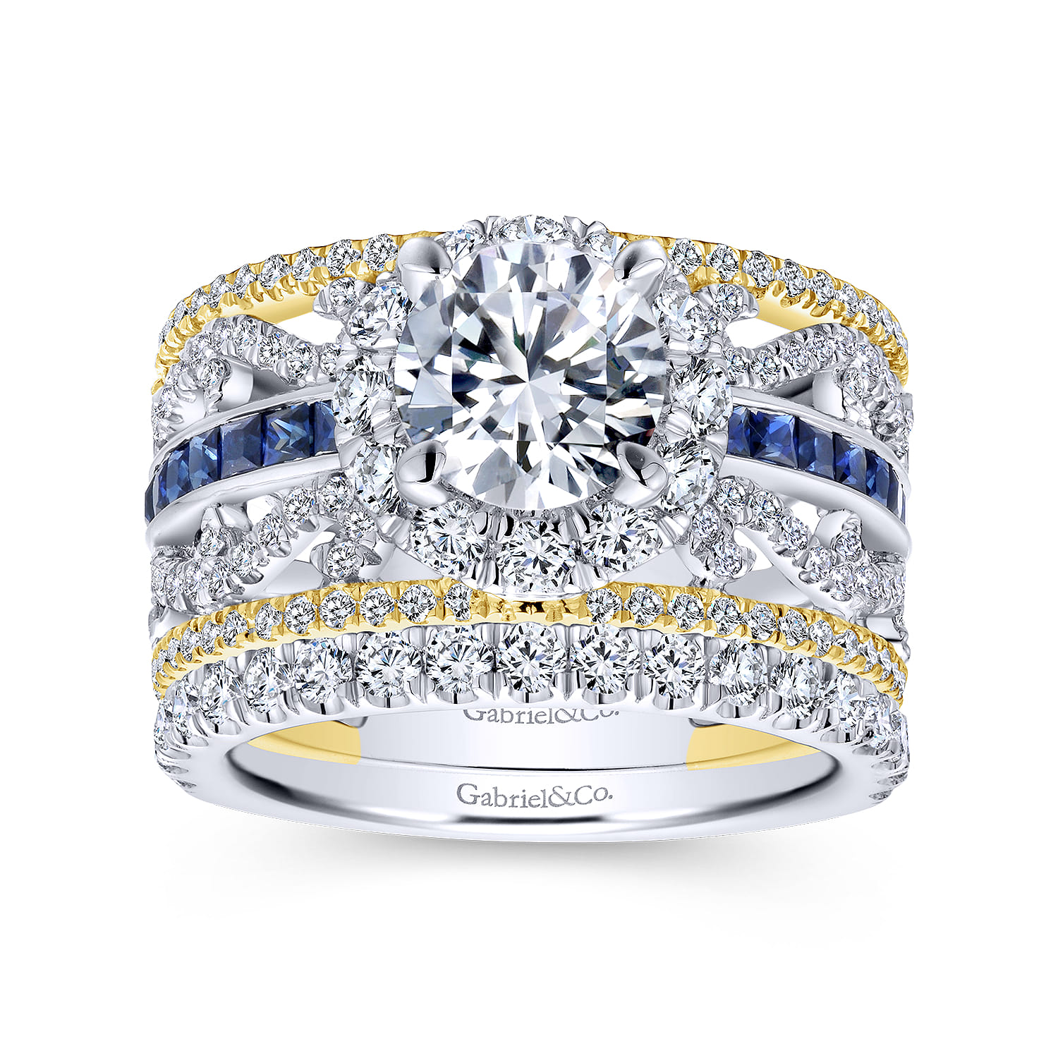 Efron - 14K White-Yellow Gold Round Halo Sapphire and Diamond Channel Set Engagement Ring - 1.1 ct - Shot 4