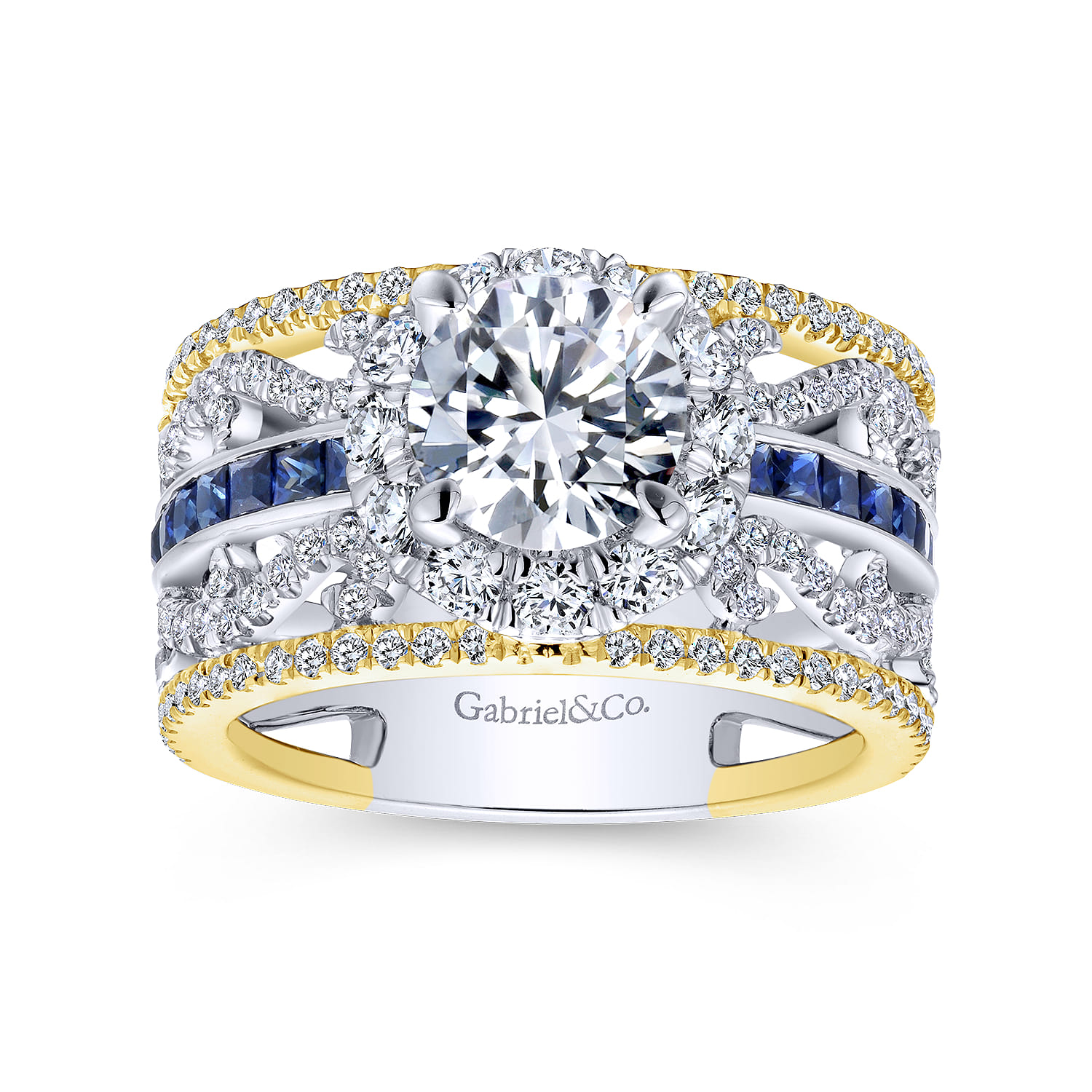 Efron - 14K White-Yellow Gold Round Halo Sapphire and Diamond Channel Set Engagement Ring - 1.1 ct - Shot 5