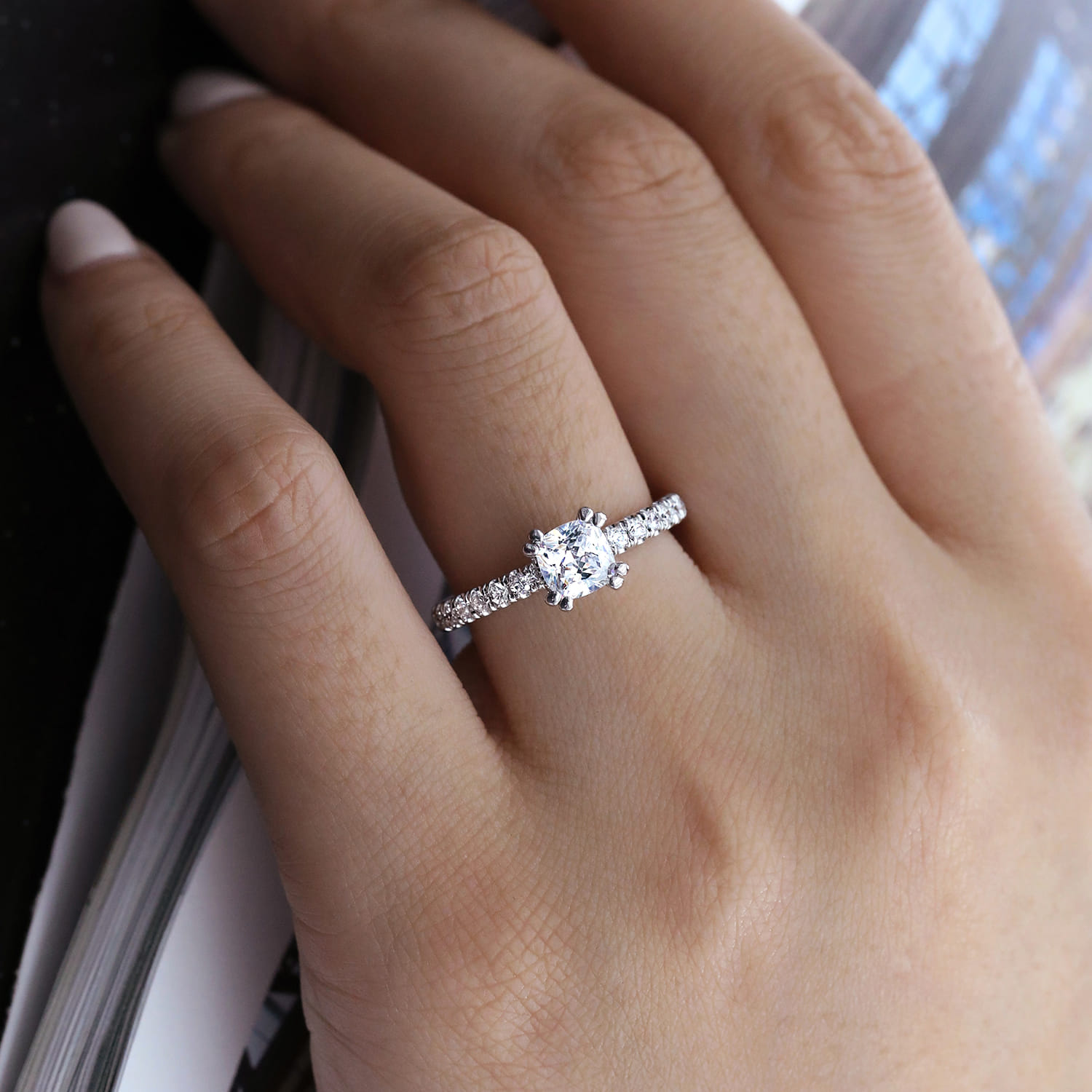 Alina - 14K White Gold Cushion Hidden Halo Diamond Engagement Ring - 0.5 ct - Shot 6