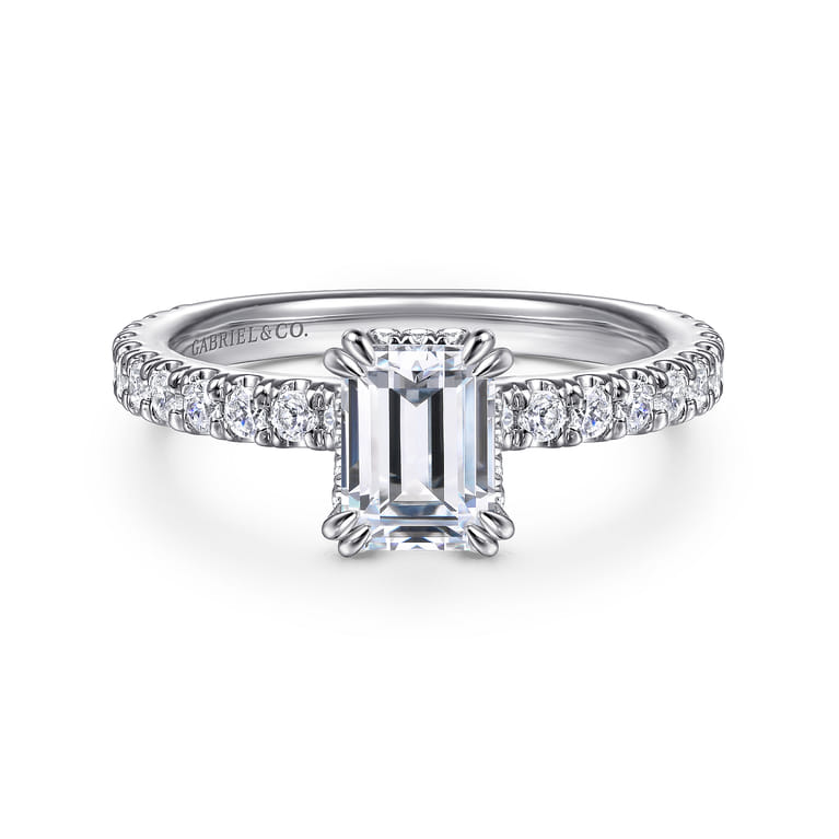 Alina - 14K White Gold Hidden Halo Emerald Cut Diamond Engagement Ring - 0.51 ct - Shot 1