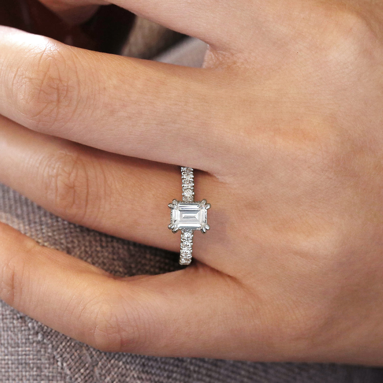 Alina - 14K White Gold Hidden Halo Emerald Cut Diamond Engagement Ring - 0.51 ct - Shot 6
