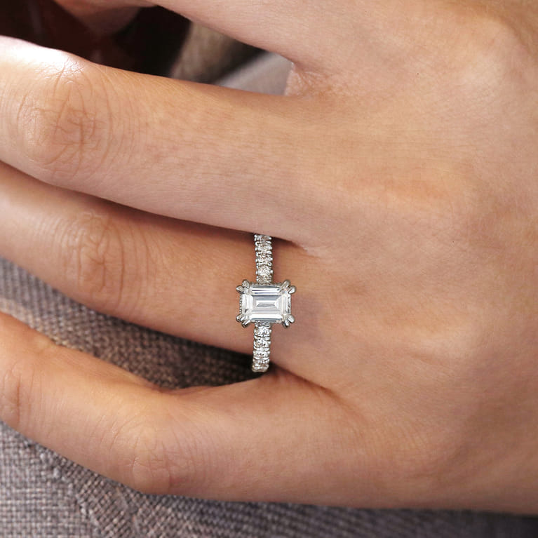 Alina - 14K White Gold Hidden Halo Emerald Cut Diamond Engagement Ring - 0.51 ct - Shot 6