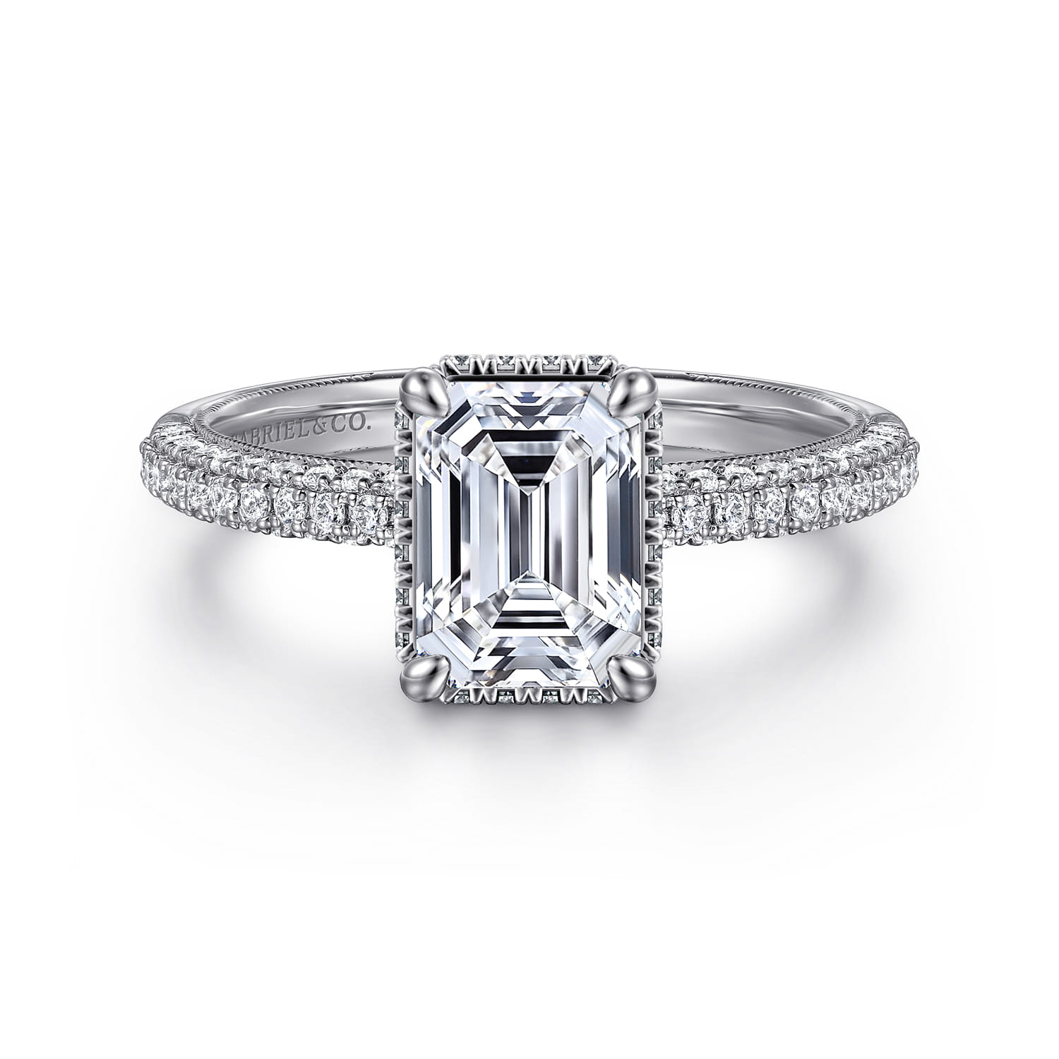 Caly - 14K White Gold Emerald Cut Halo Diamond Engagement Ring - 0.5 ct - Shot 1