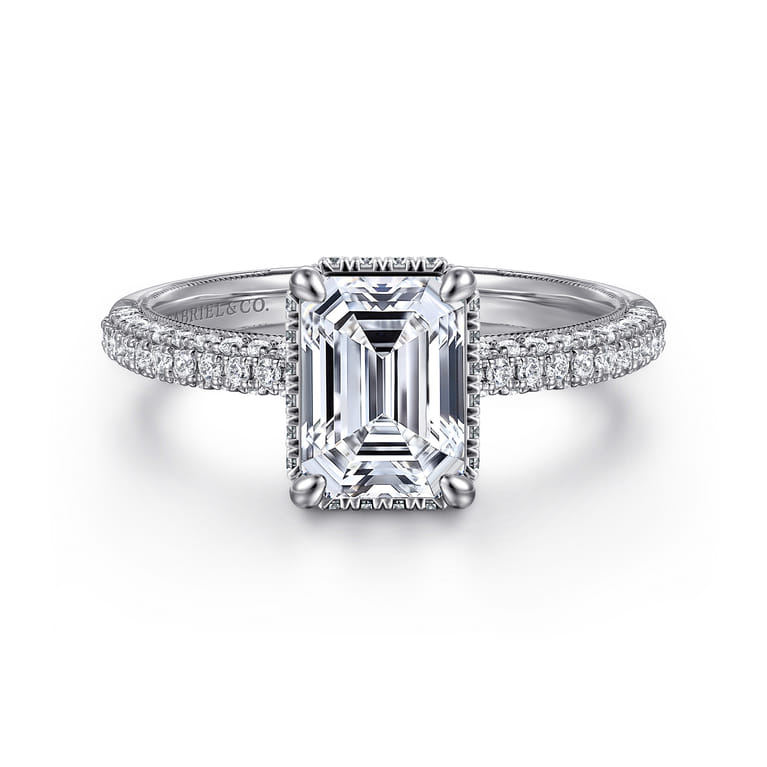 Caly - 14K White Gold Emerald Cut Halo Diamond Engagement Ring - 0.5 ct - Shot 1