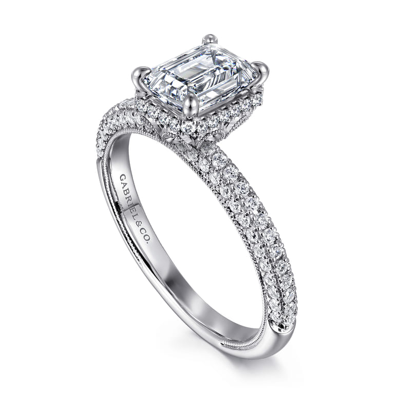 Caly - 14K White Gold Emerald Cut Halo Diamond Engagement Ring - 0.5 ct - Shot 3