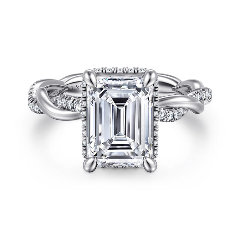Ama - 14K White Gold Twisted Emerald Cut Halo Diamond Engagement Ring - 0.3 ct - Shot 1