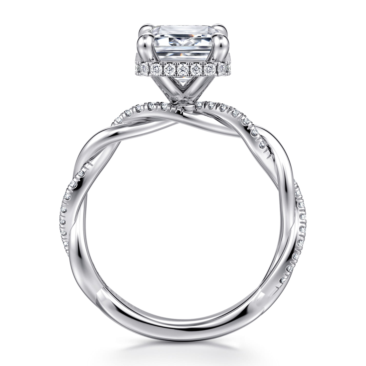 Ama - 14K White Gold Twisted Emerald Cut Halo Diamond Engagement Ring - 0.3 ct - Shot 2