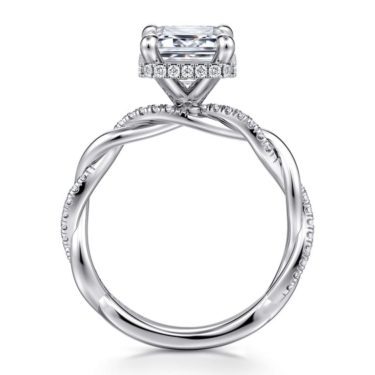 Ama - 14K White Gold Twisted Emerald Cut Halo Diamond Engagement Ring - 0.3 ct - Shot 2