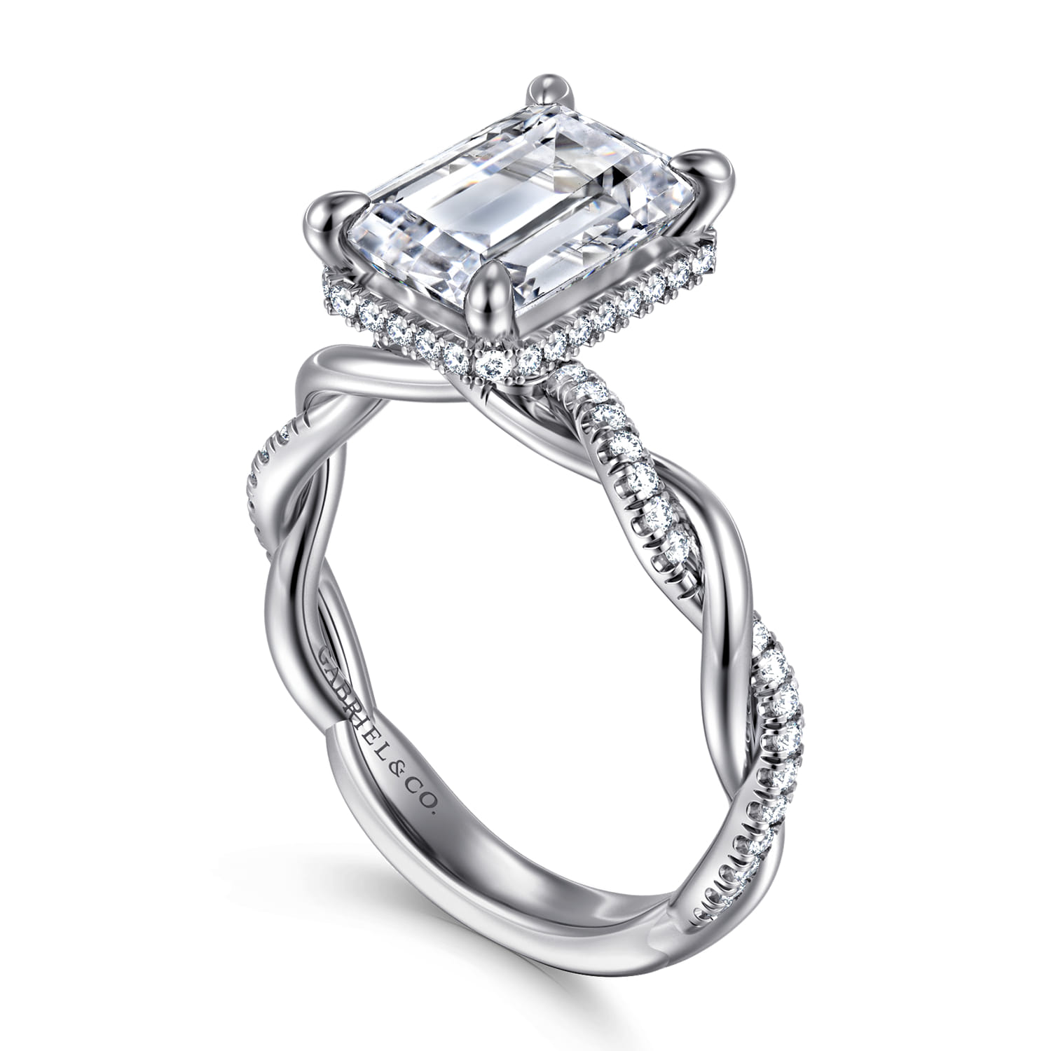 Ama - 14K White Gold Twisted Emerald Cut Halo Diamond Engagement Ring - 0.3 ct - Shot 3