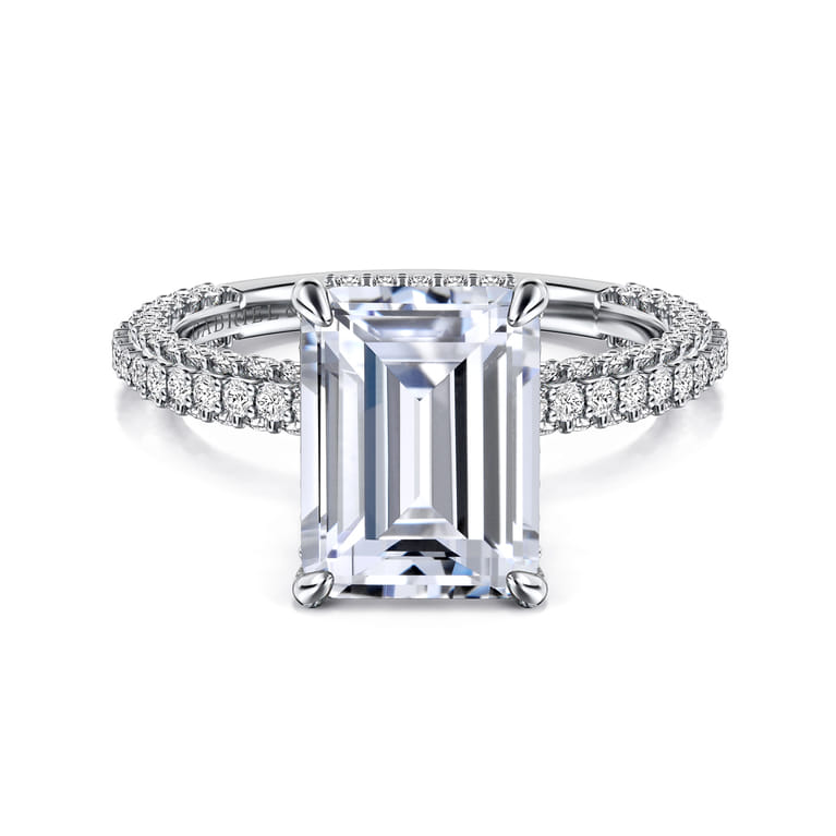 Satin - 14K White Gold Emerald Cut Diamond Halo Engagement Ring - 0.85 ct - Shot 1