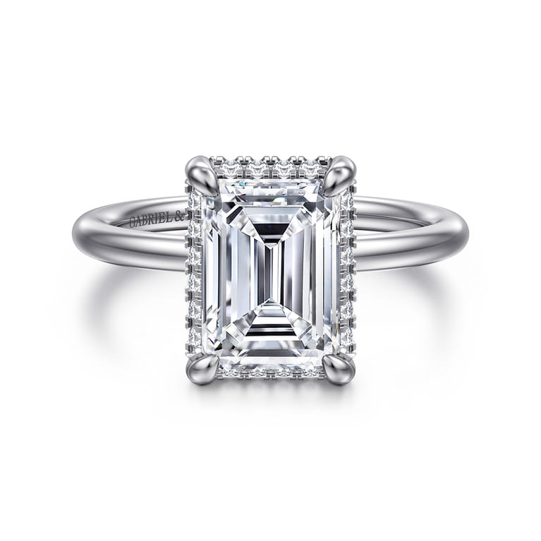 Seattle - 14K White Gold Emerald Cut Hidden Halo Diamond Engagement Ring - 0.12 ct - Shot 1