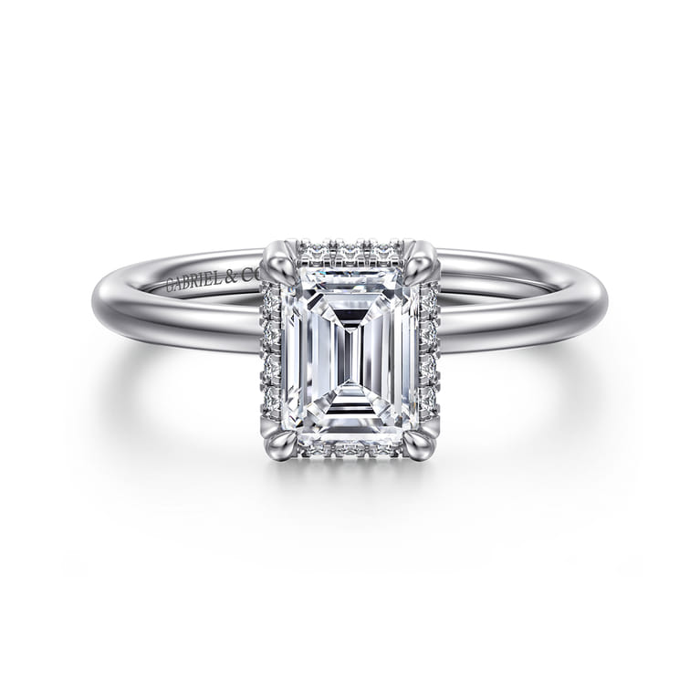 Seattle - 14K White Gold Emerald Cut Hidden Halo Diamond Engagement Ring - 0.07 ct - Shot 1