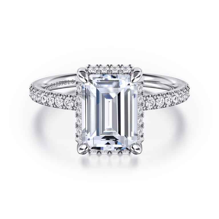 Suede - 14K White Gold Emerald Cut Hidden Halo Diamond Engagement Ring - 0.3 ct - Shot 1