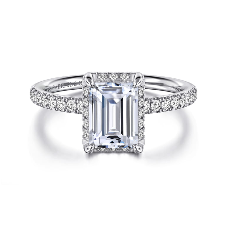 Suede - 14K White Gold Emerald Cut Hidden Halo Diamond Engagement Ring - 0.3 ct - Shot 1