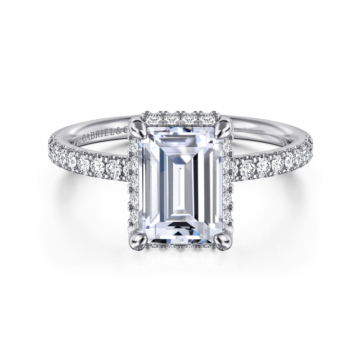 Suede - 14K White Gold Emerald Cut Hidden Halo Diamond Engagement Ring - 0.3 ct - Shot 1