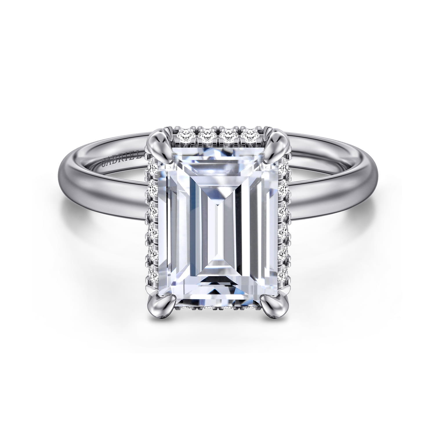 Symphony - 14K White Gold Emerald Cut Hidden Halo Diamond Engagement Ring - 0.12 ct - Shot 1