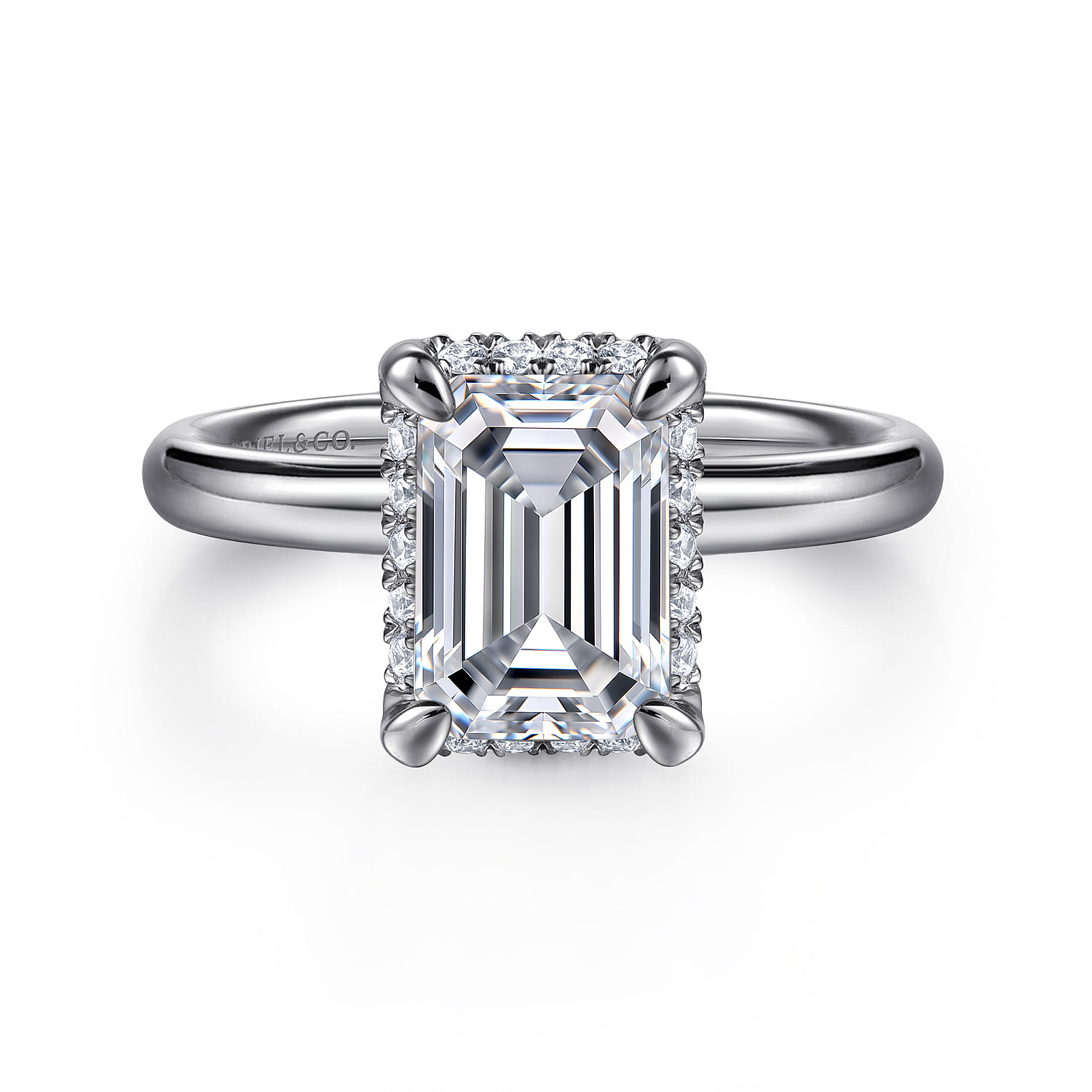 Symphony - 14K White Gold Emerald Cut Hidden Halo Diamond Engagement Ring - 0.11 ct - Shot 1
