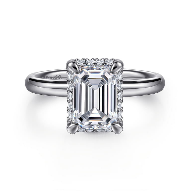 Symphony - 14K White Gold Emerald Cut Hidden Halo Diamond Engagement Ring - 0.11 ct - Shot 1