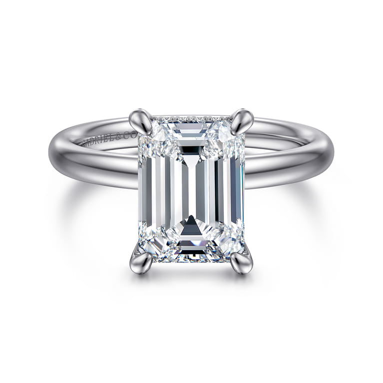 Peace - 14K White Gold Emerald Cut Hidden Halo Diamond Engagement Ring - 0.08 ct - Shot 1