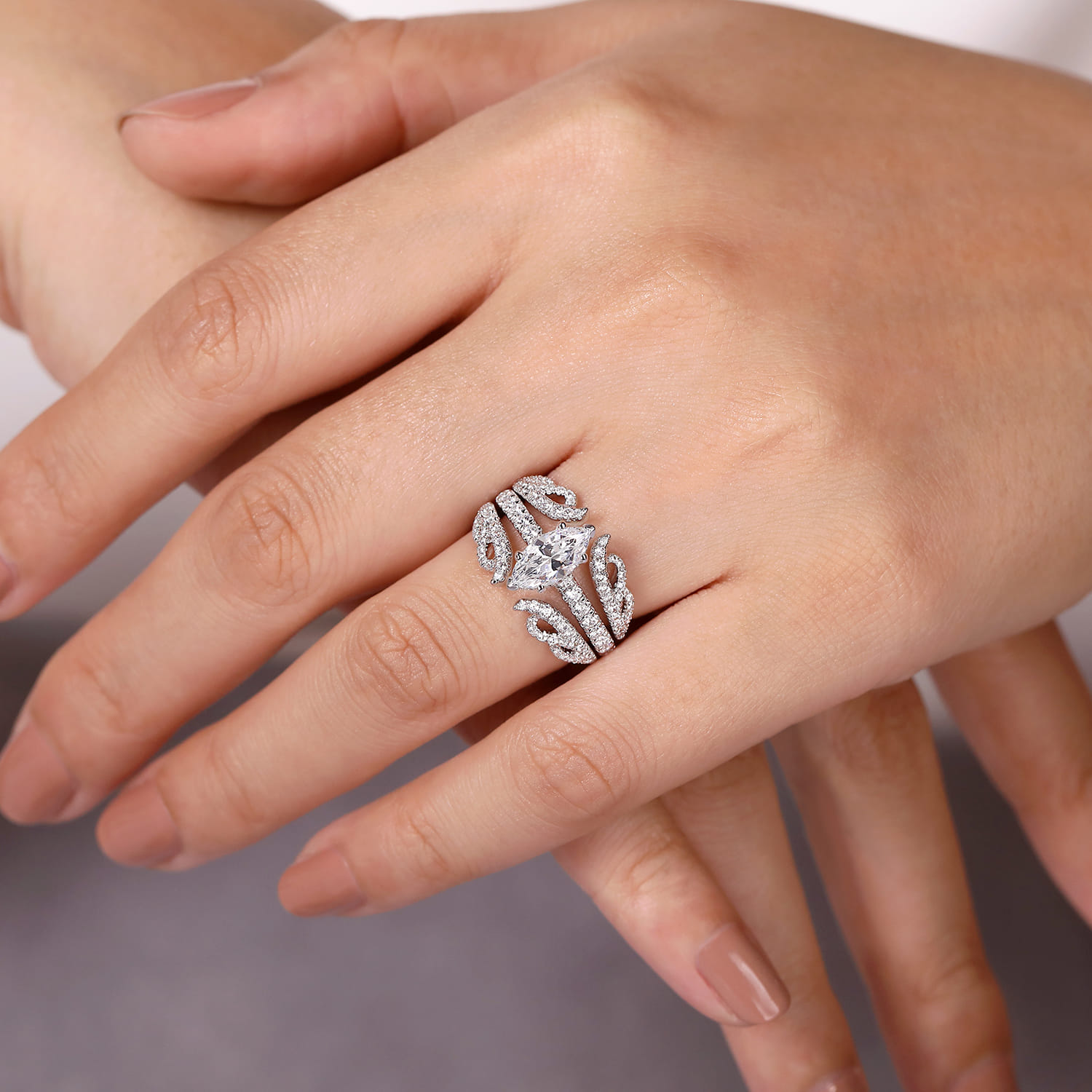 Alina - 14K White Gold Hidden Halo Marquise Shape Diamond Engagement Ring - 0.51 ct - Shot 7