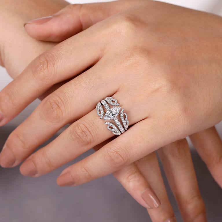 Alina - 14K White Gold Hidden Halo Marquise Shape Diamond Engagement Ring - 0.51 ct - Shot 7