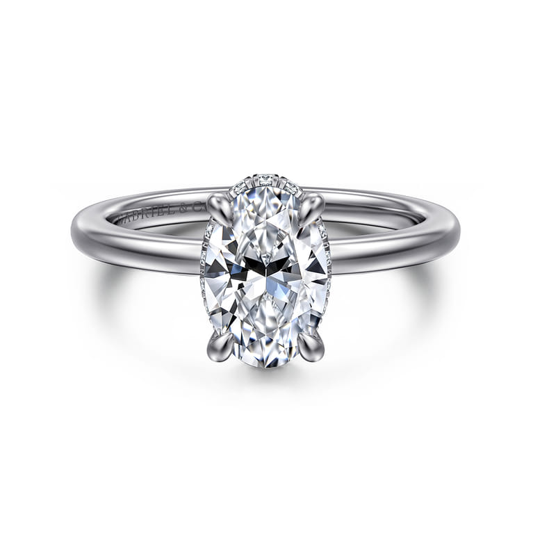 Rainah - 14K White Gold Hidden Halo Oval Diamond Engagement Ring - 0.11 ct - Shot 1