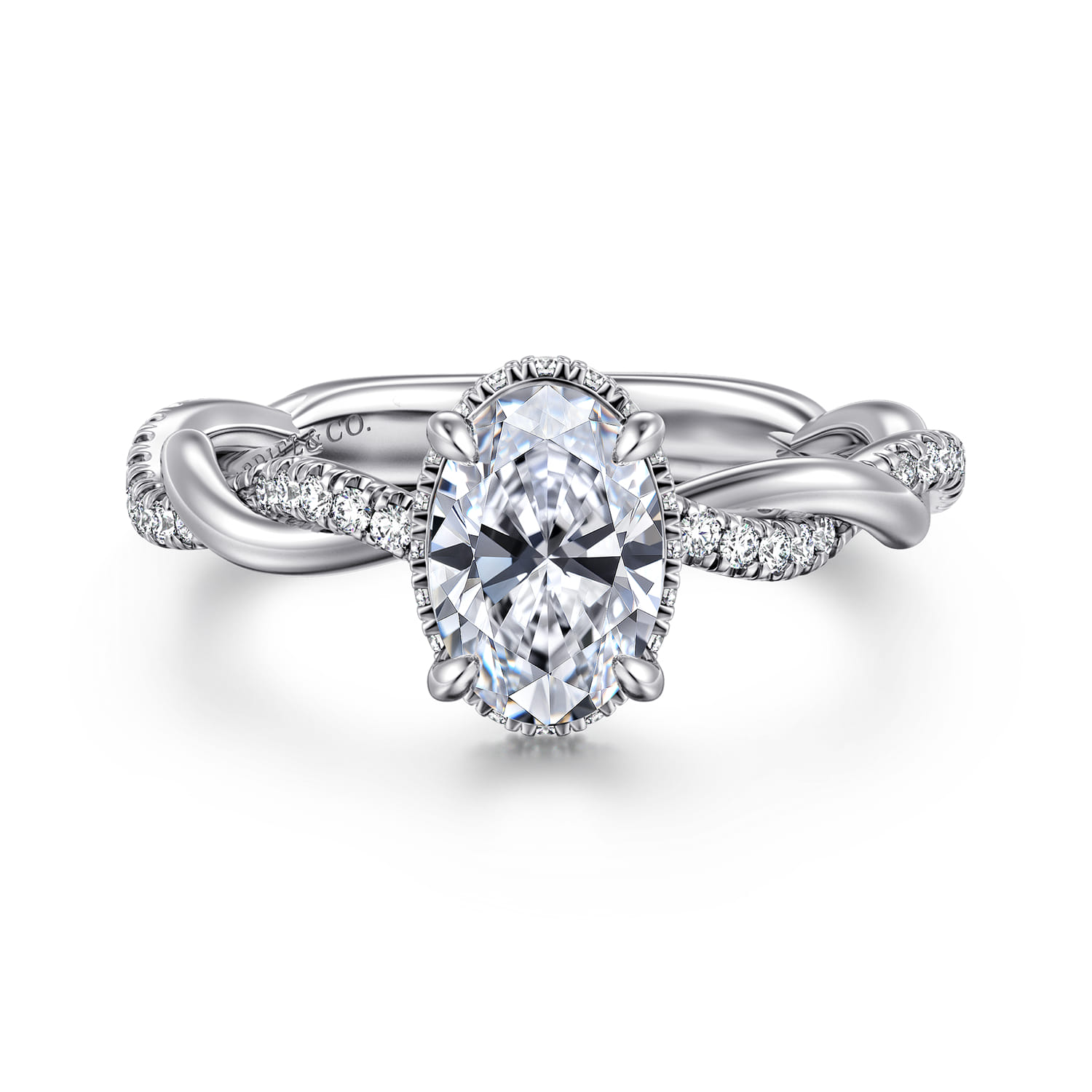 Ama - 14K White Gold Twisted Oval Halo Diamond Engagement Ring - 0.24 ct - Shot 1