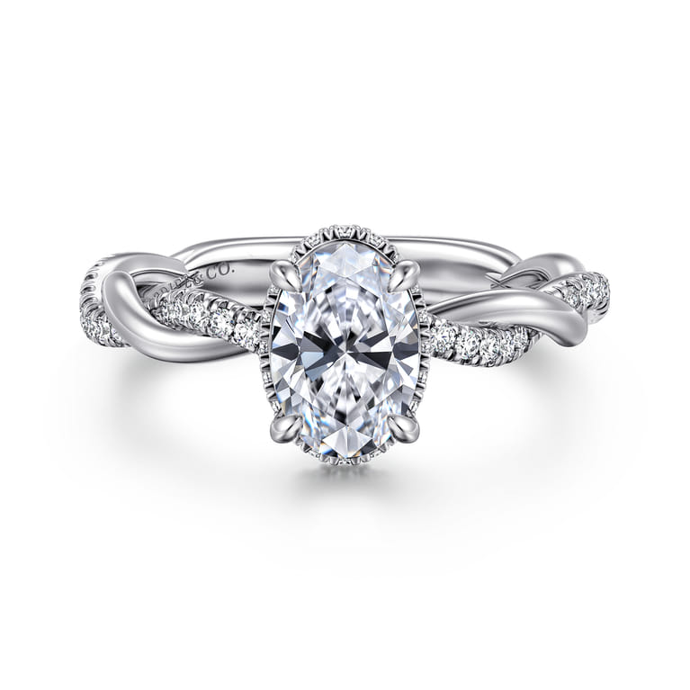 Ama - 14K White Gold Twisted Oval Halo Diamond Engagement Ring - 0.24 ct - Shot 1