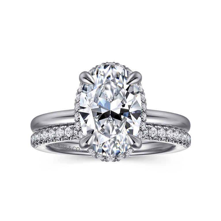 Bonnie - 14K White Gold Oval Hidden Halo Diamond Engagement Ring - 0.11 ct - Shot 4