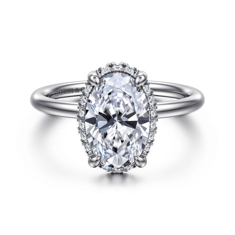 Symphony - 14K White Gold Oval Hidden Halo Diamond Engagement Ring - 0.11 ct - Shot 1