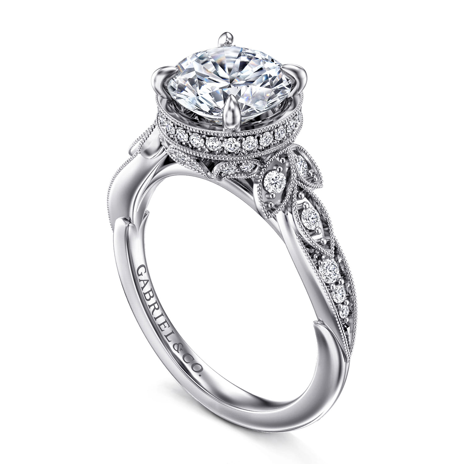 Yvonne - 14K White Gold Floral Round Diamond Engagement Ring - 0.32 ct - Shot 3