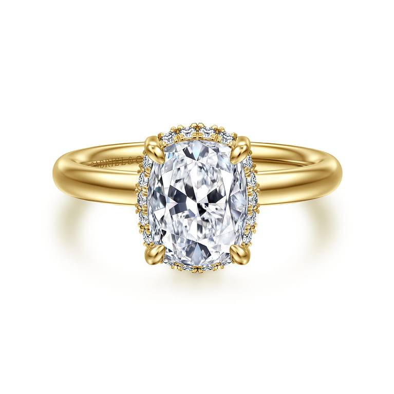 Symphony - 14K Yellow Gold Elongated Cushion Hidden Halo Diamond Engagement Ring - 0.11 ct - Shot 1