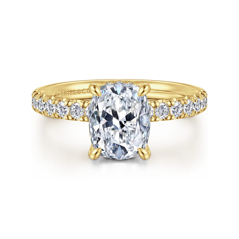 Adela - 14K Yellow Gold Elongated Cushion Hidden Halo Diamond Engagement Ring - 0.4 ct - Shot 1