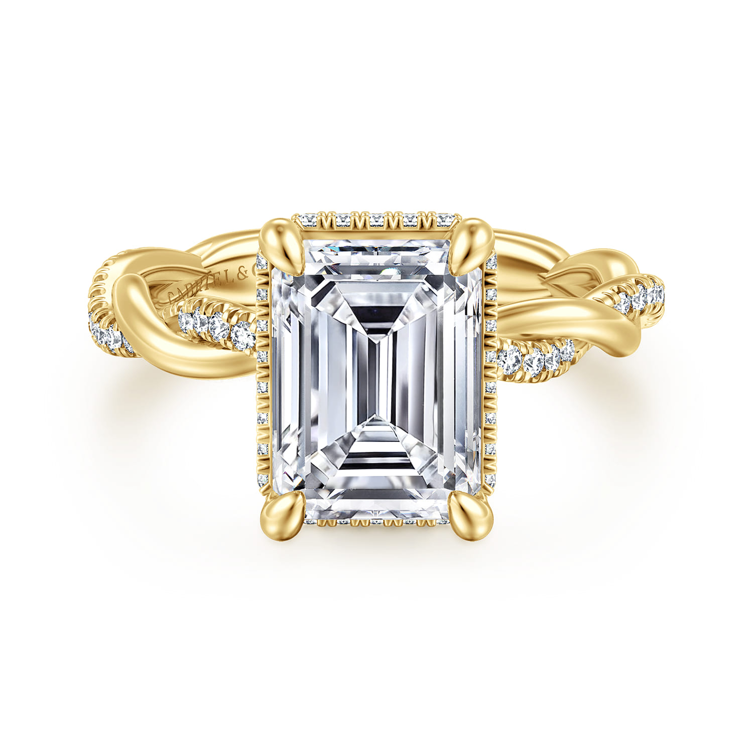 Ama - 14K Yellow Gold Twisted Emerald Cut Halo Diamond Engagement Ring - 0.3 ct - Shot 1