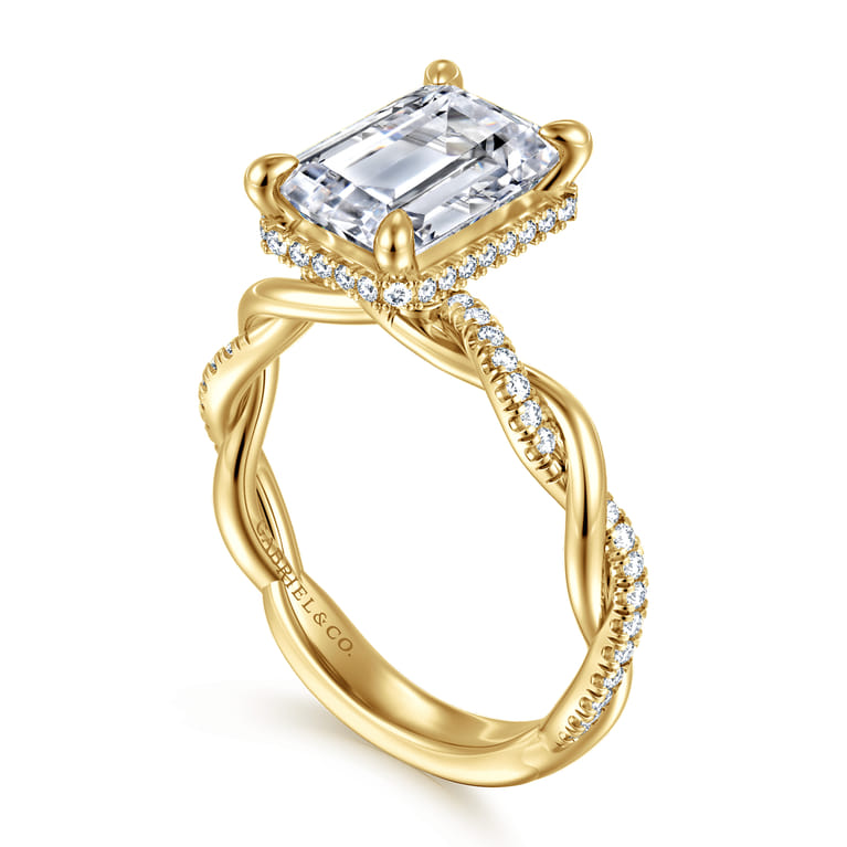 Ama - 14K Yellow Gold Twisted Emerald Cut Halo Diamond Engagement Ring - 0.3 ct - Shot 3