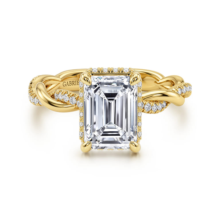 Ama - 14K Yellow Gold Twisted Emerald Cut Halo Diamond Engagement Ring - 0.25 ct - Shot 1