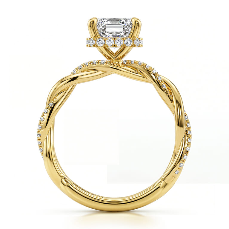 Ama - 14K Yellow Gold Twisted Emerald Cut Halo Diamond Engagement Ring - 0.25 ct - Shot 2