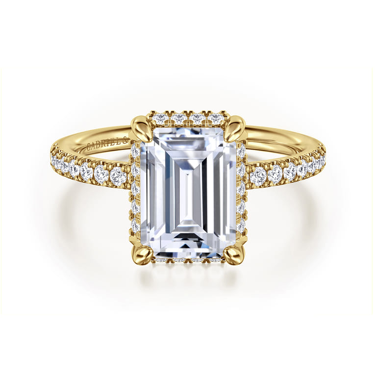 Suede - 14K Yellow Gold Emerald Cut Hidden Halo Diamond Engagement Ring - 0.3 ct - Shot 1