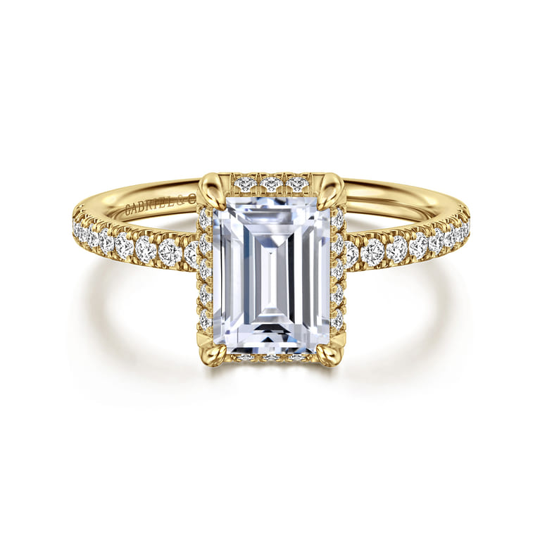 Suede - 14K Yellow Gold Emerald Cut Hidden Halo Diamond Engagement Ring - 0.3 ct - Shot 1