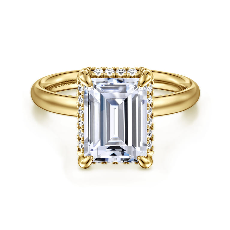 Symphony - 14K Yellow Gold Emerald Cut Hidden Halo Diamond Engagement Ring - 0.12 ct - Shot 1