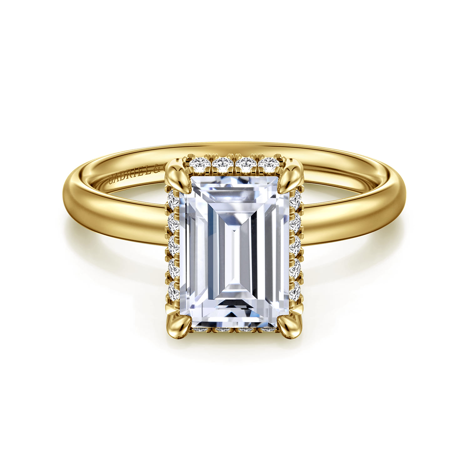 Symphony - 14K Yellow Gold Emerald Cut Hidden Halo Diamond Engagement Ring - 0.11 ct - Shot 1